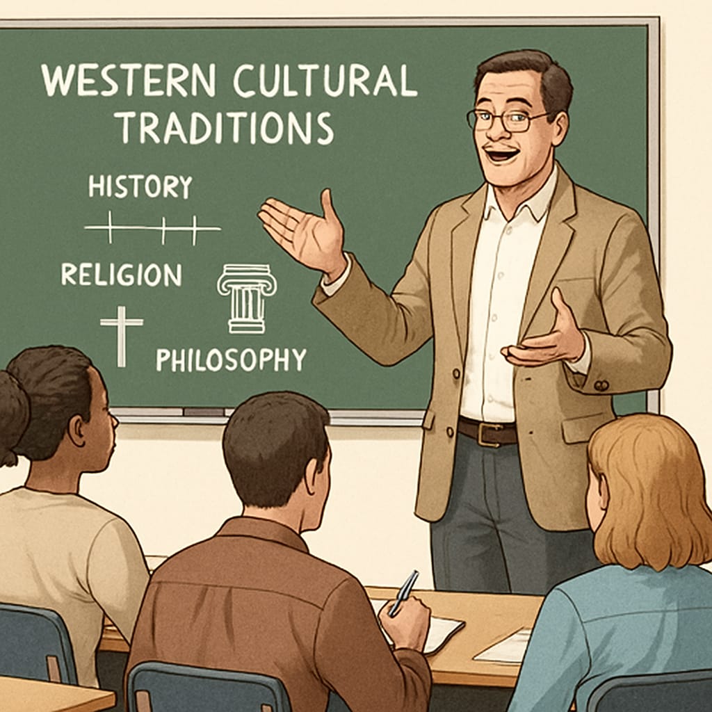 Instructor teaching adult learners about Western traditions, highlighting cultural adaptation.