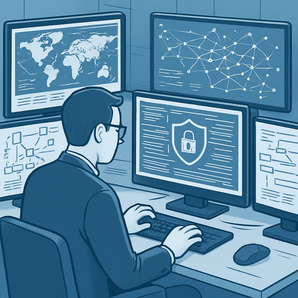 Cybersecurity analyst working with digital threat maps and network visualizations.