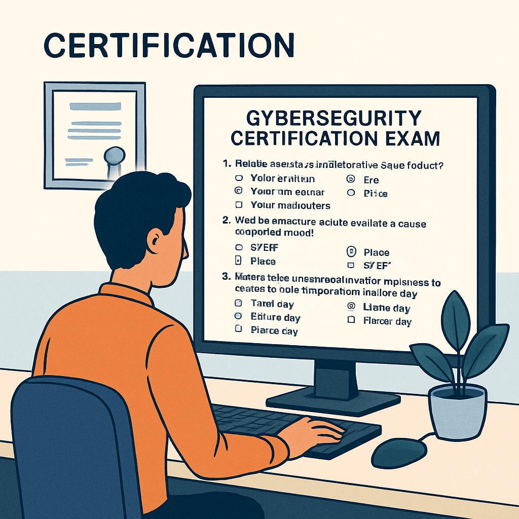 Candidate taking a cybersecurity certification exam with technical questions on the screen.