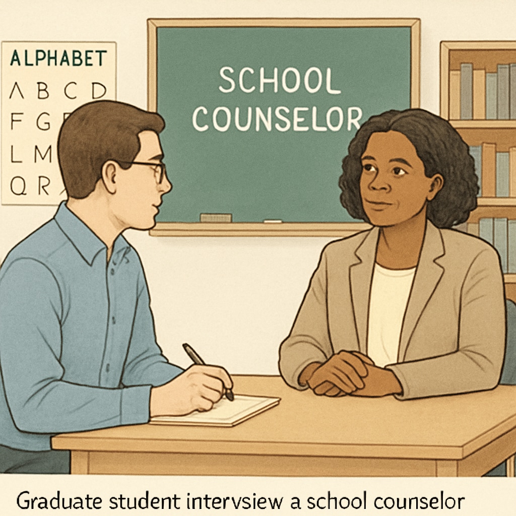 Graduate student interviewing school counselor in classroom setting