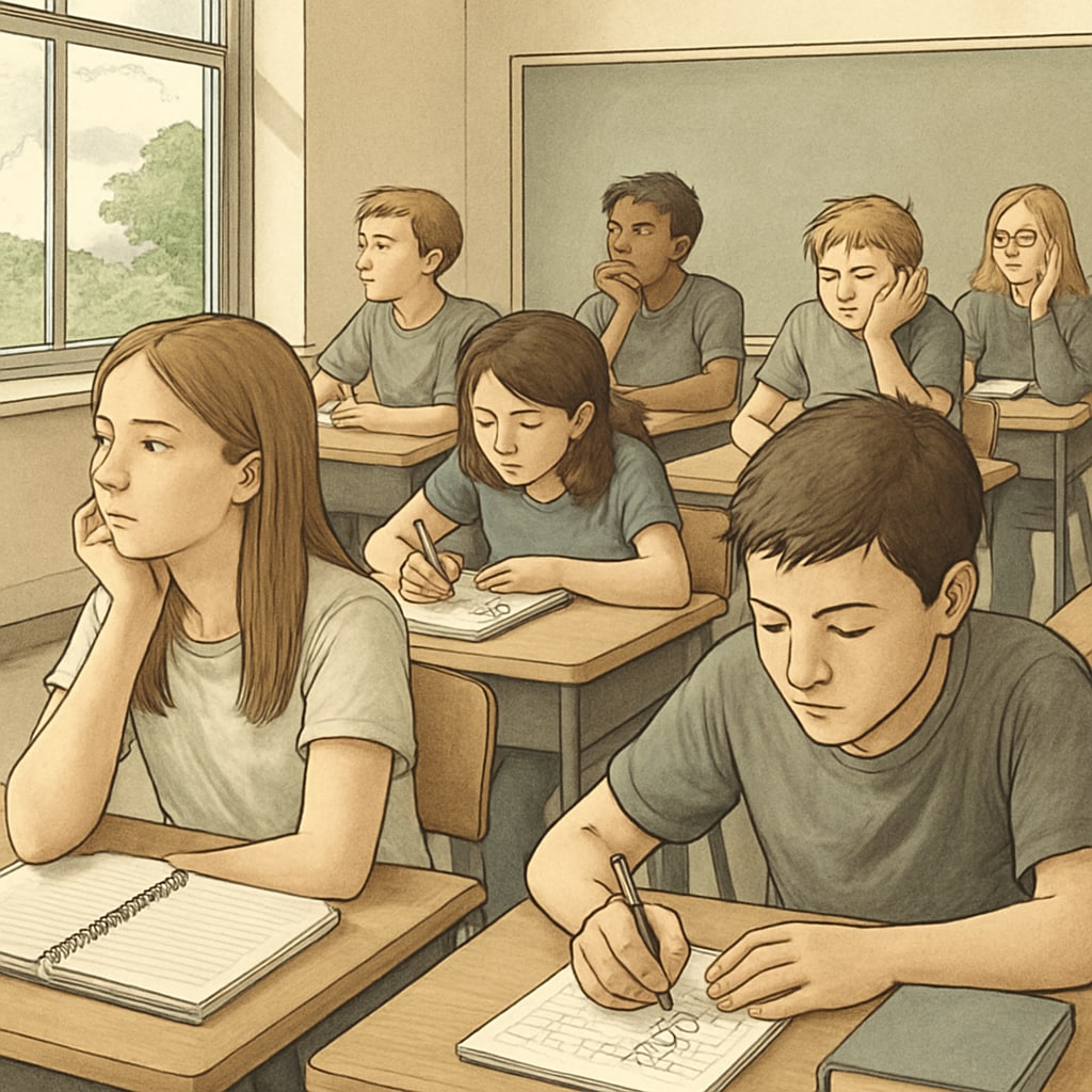 Students in a disengaged classroom environment, highlighting global classroom boredom.