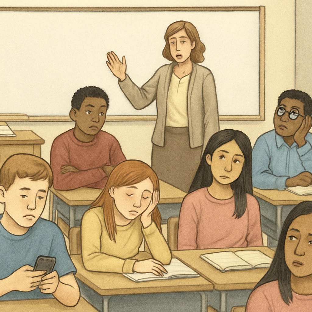 Multicultural classroom showing students bored and disengaged.