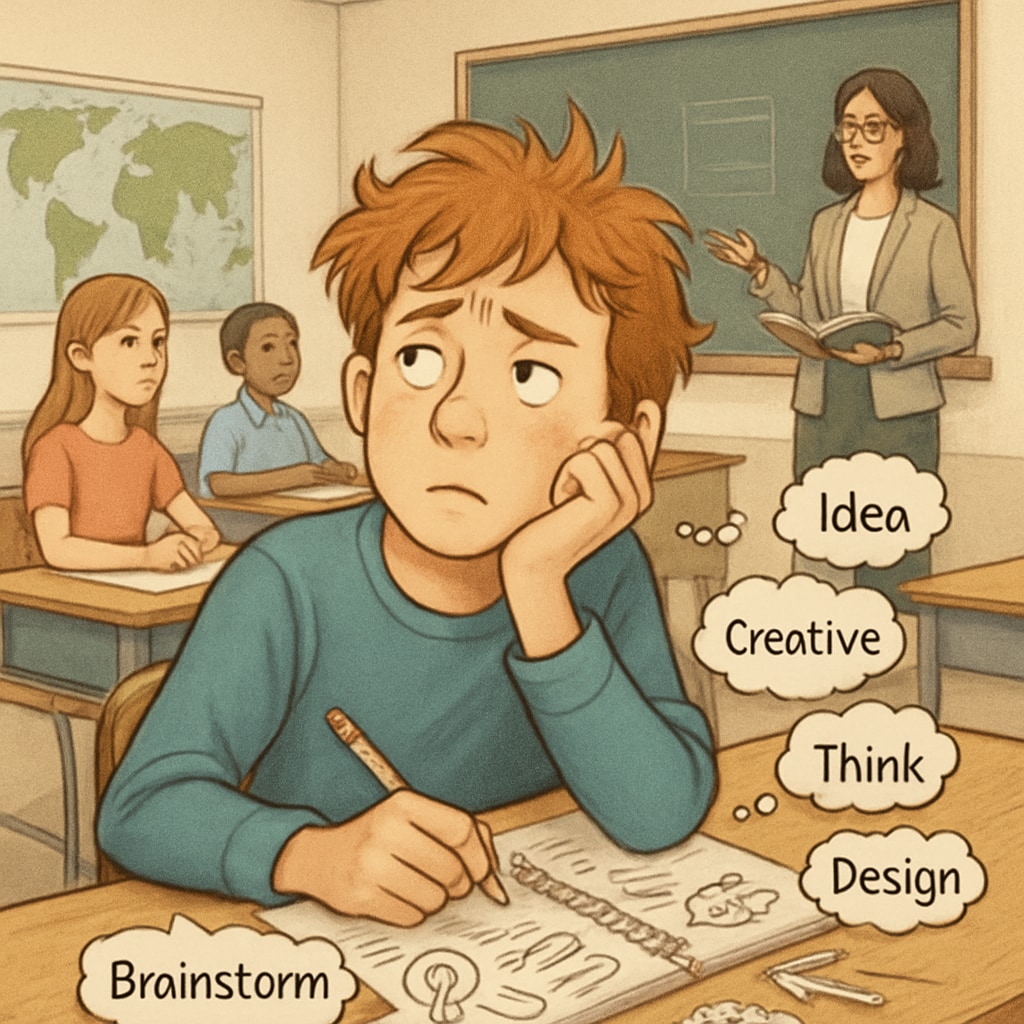 A classroom setting with a student appearing distracted but creative, surrounded by brainstorming notes. ADHD student in a classroom, showing creativity while being distracted.