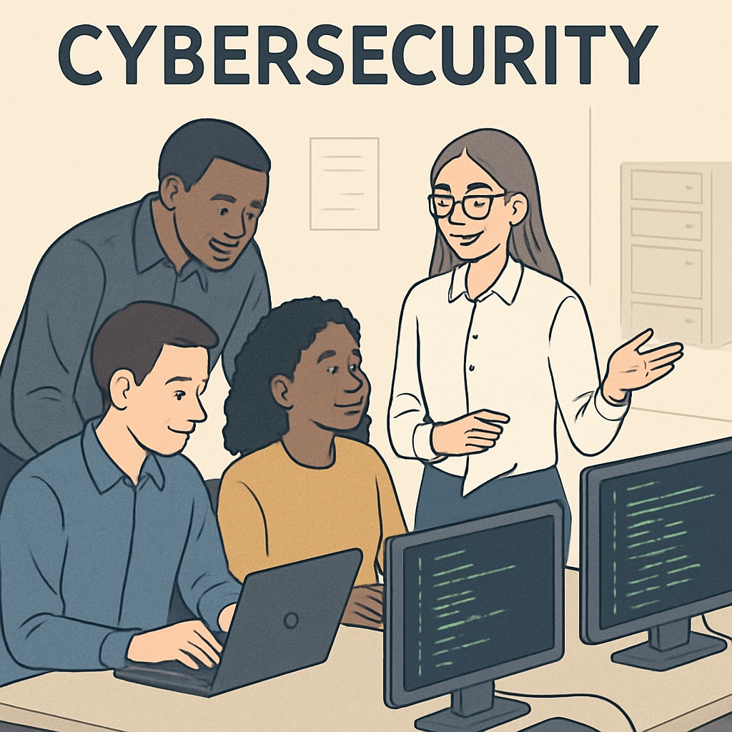 Cybersecurity professionals collaborating in an office setting