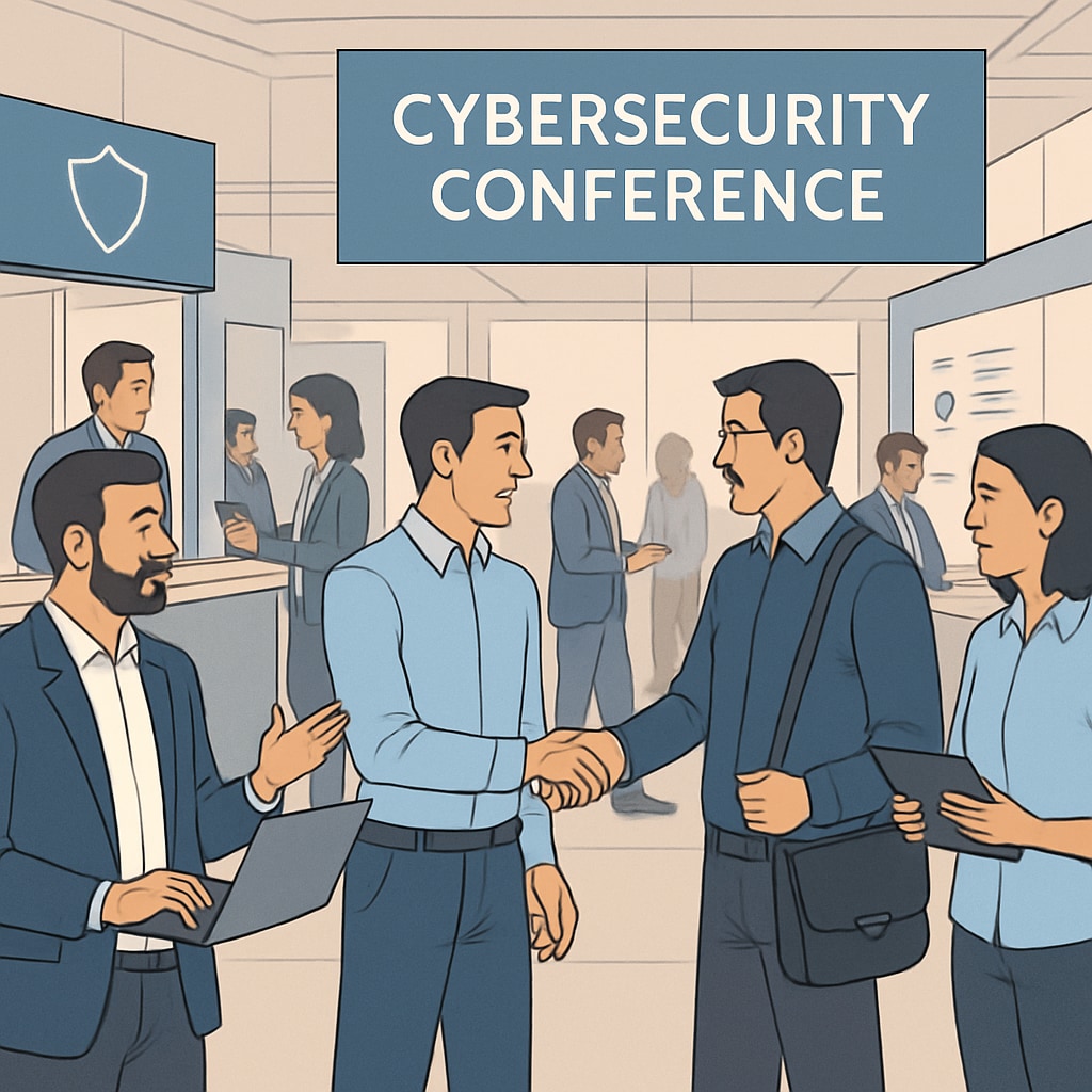 Cybersecurity professionals networking at a conference