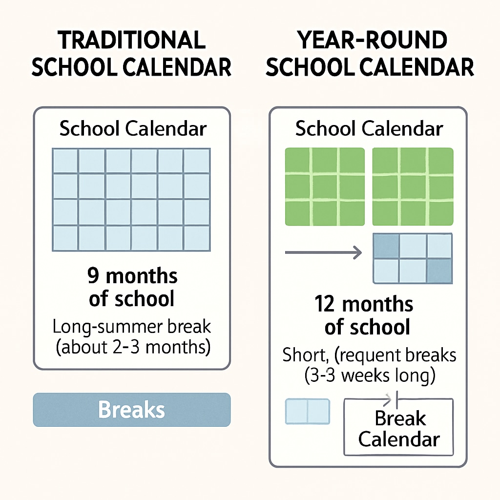 A comparison between traditional school calendars and year-round school schedules.