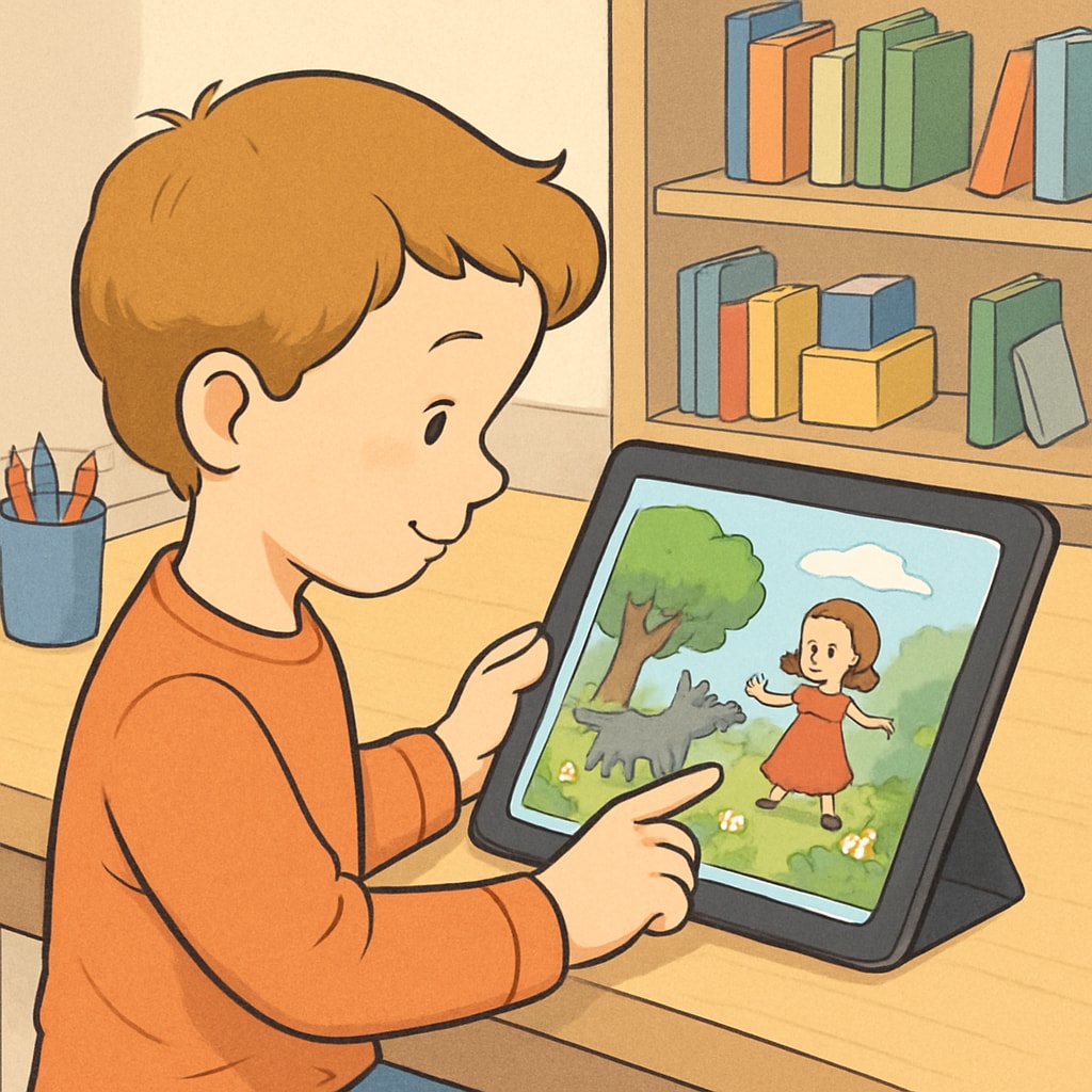 A child engaging with an Android children's reading app.