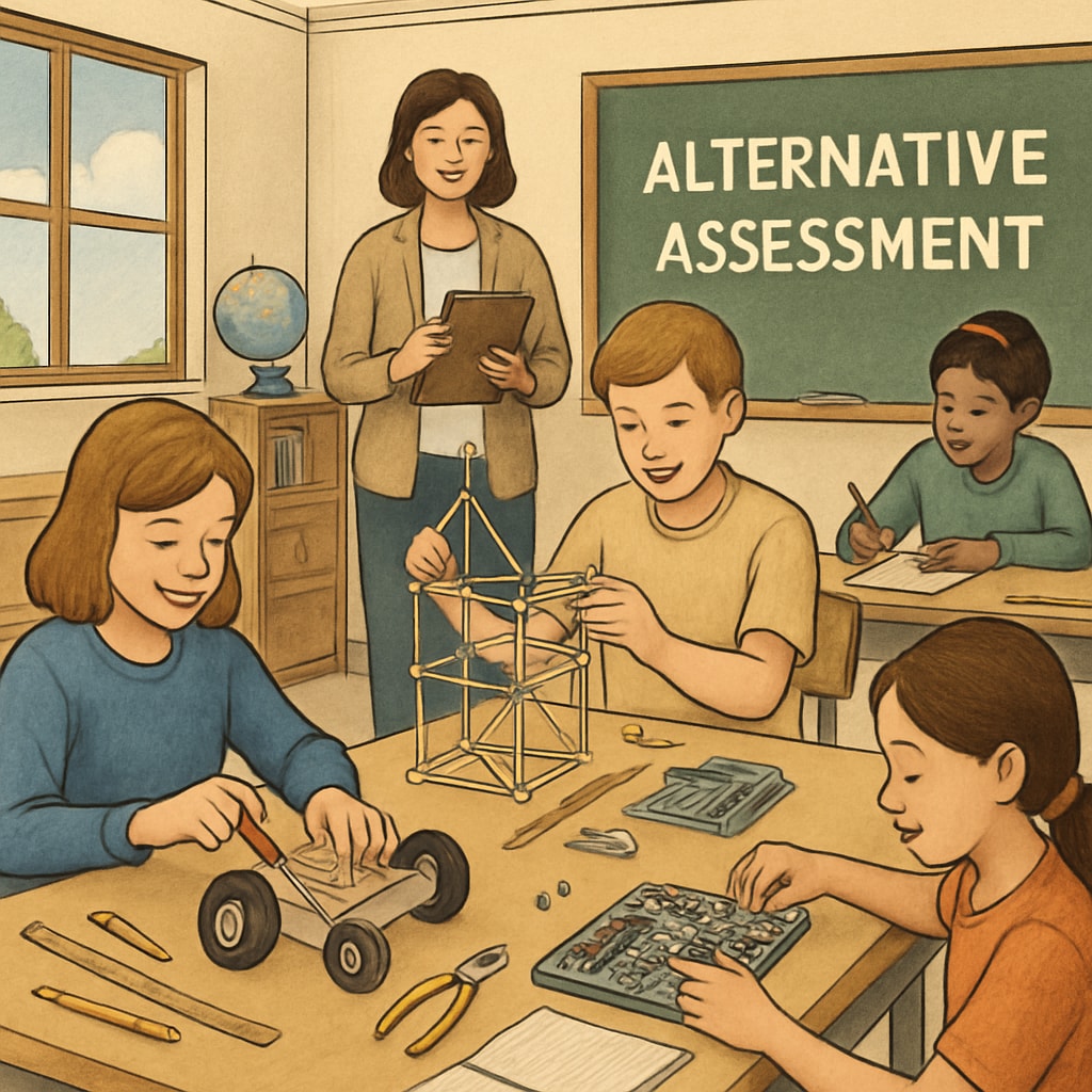 Students working on a collaborative classroom project, showcasing alternative evaluation methods.