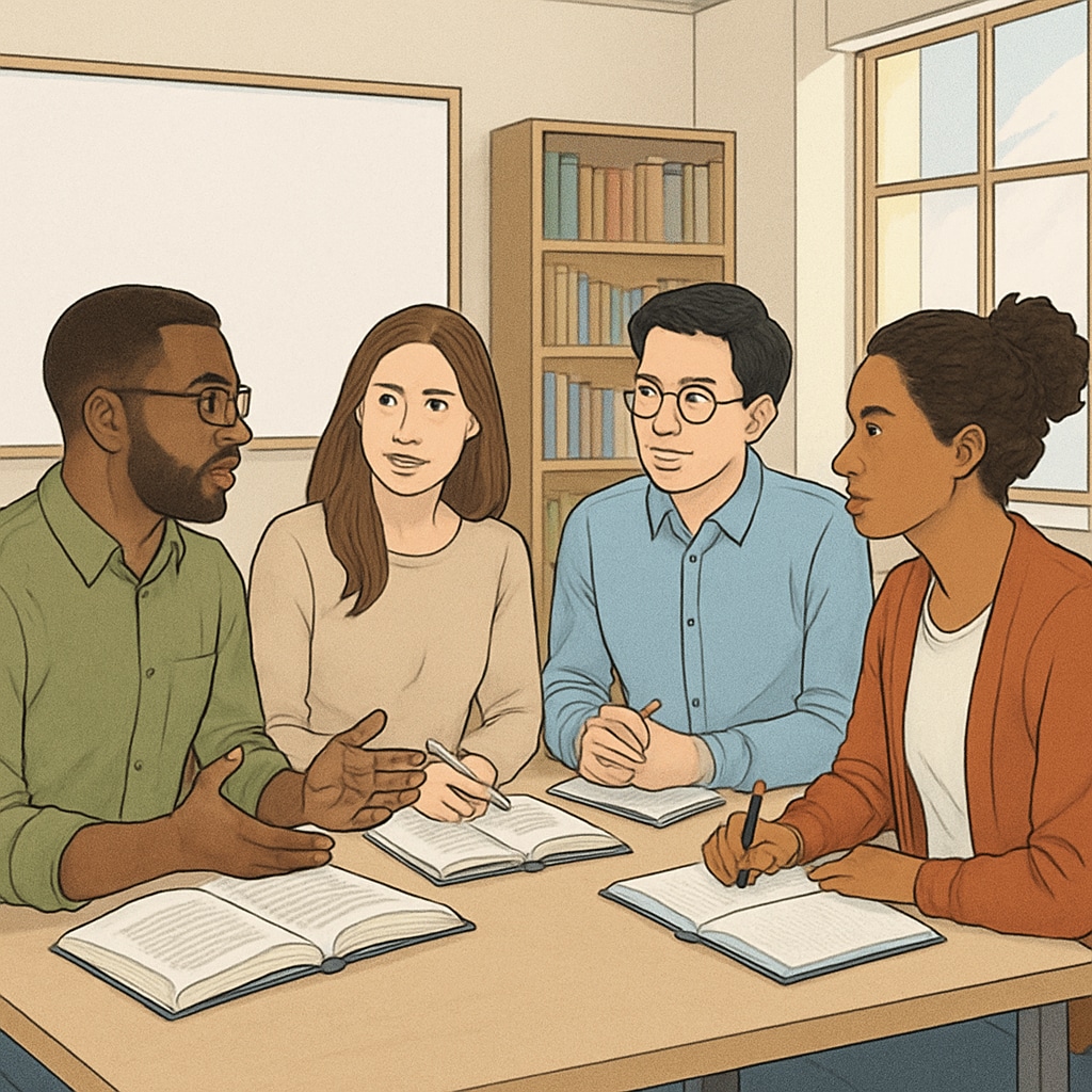 Adult international students discussing humanities topics in a workshop setting.