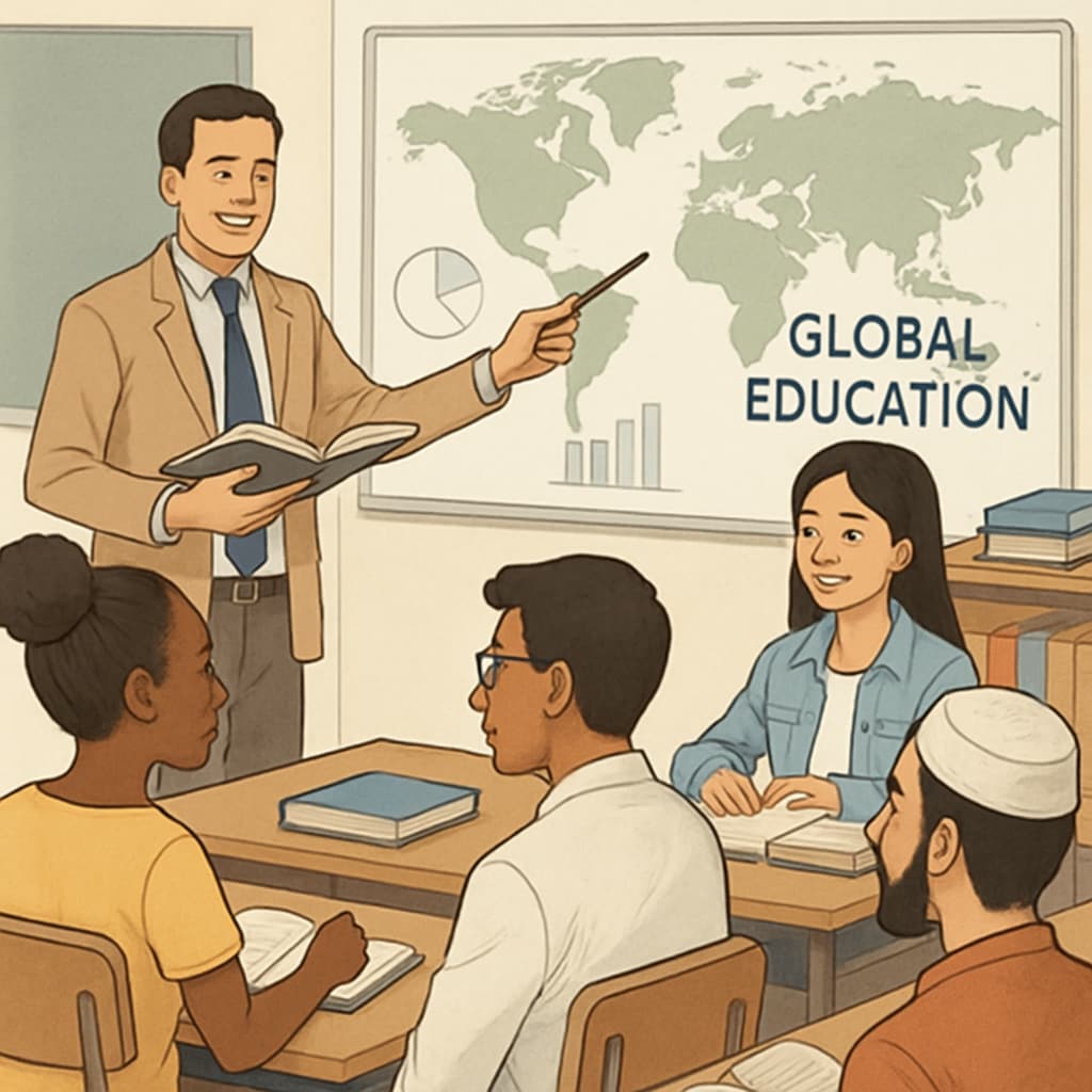 A lecturer with international students discussing education, representing global learning opportunities.