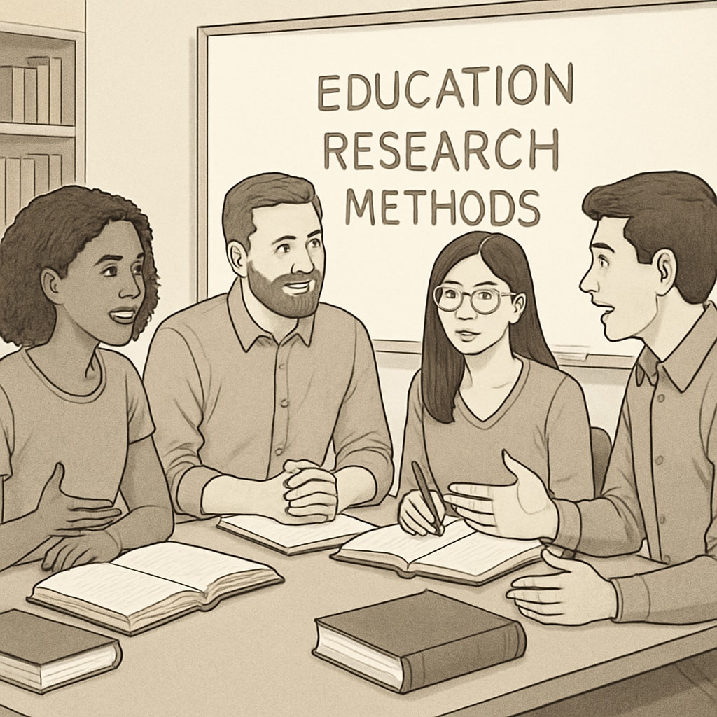 Graduate students discussing education research methods for K12 studies.