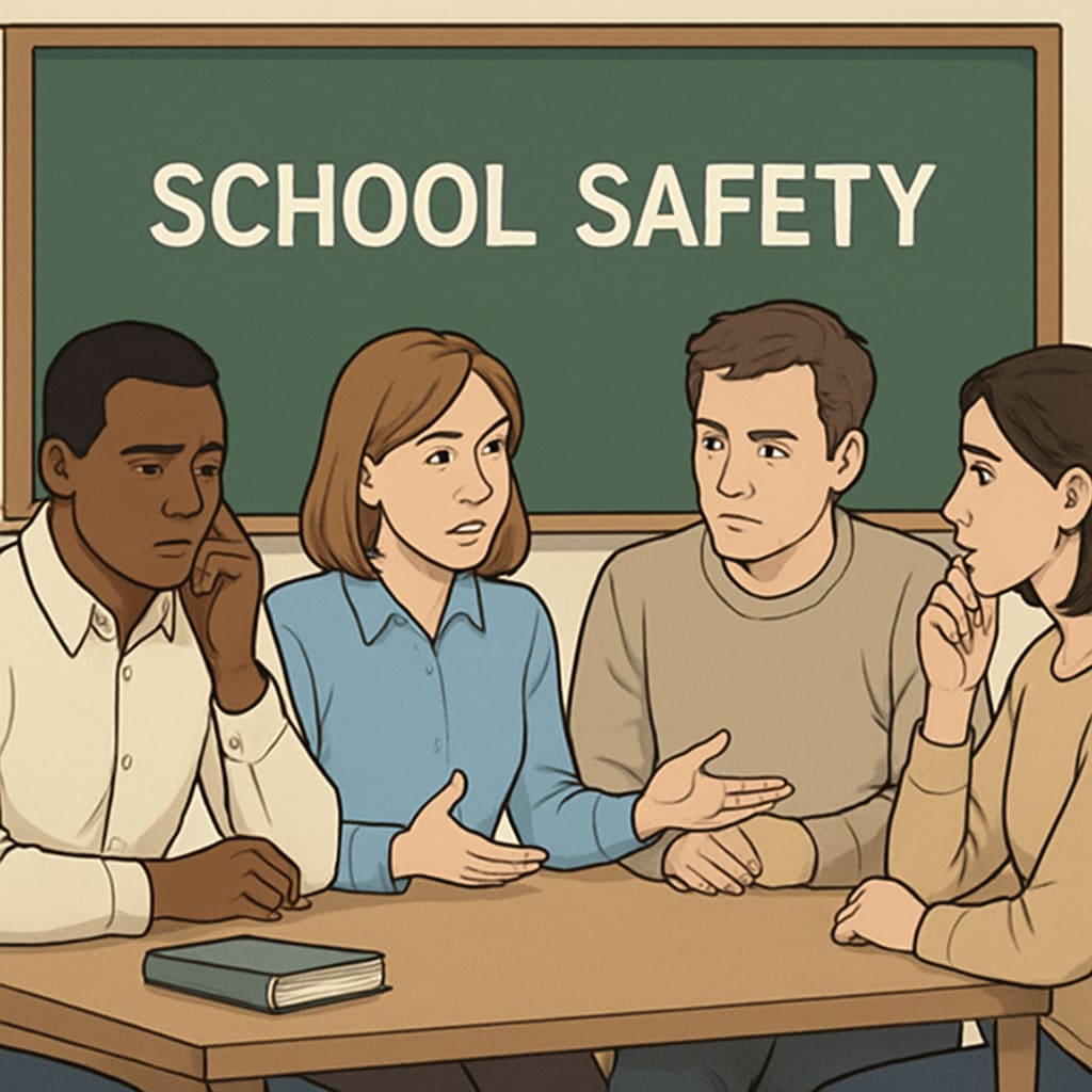 Parents discussing school safety and child protection.