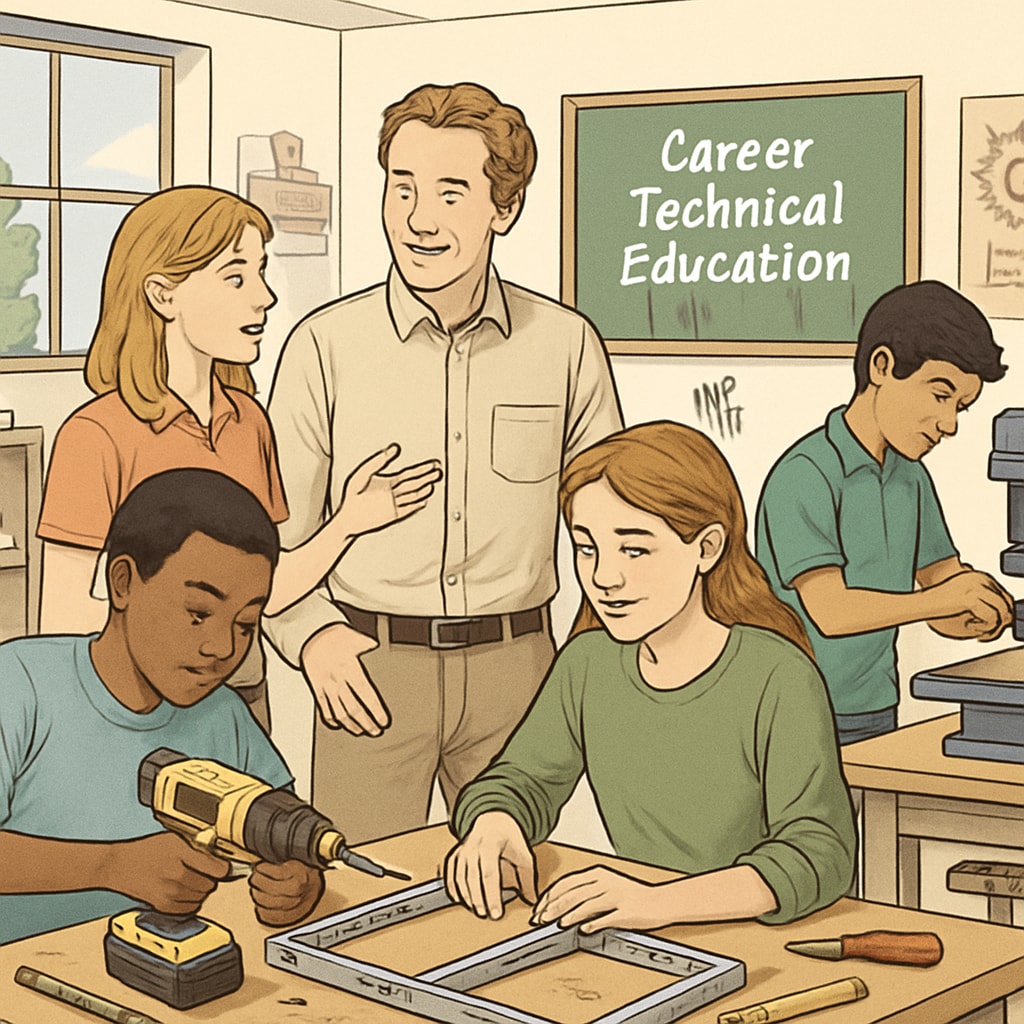 A classroom with students engaged in a hands-on technical workshop, integrating Career and Technical Education.