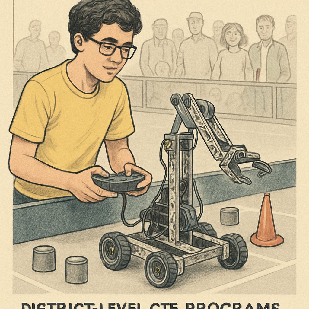 A student participating in a robotics competition, showcasing district-level CTE program success.