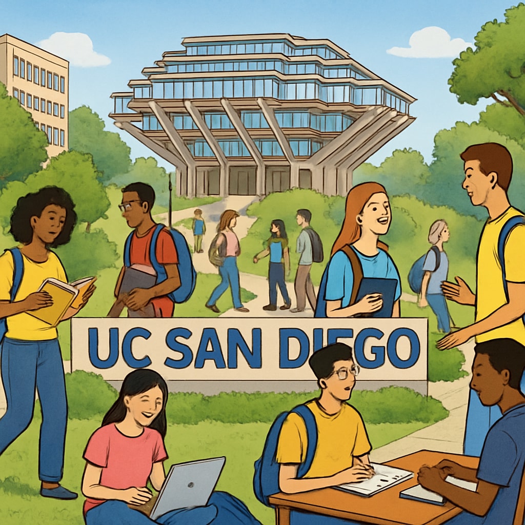 UC San Diego campus with students during enrollment period, reflecting expansion impacts.