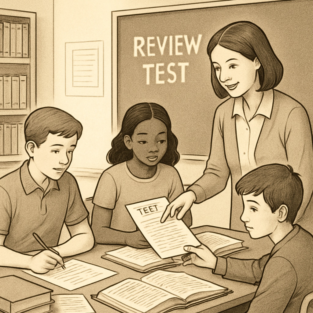 Teacher assisting students with test resources in an interactive classroom.
