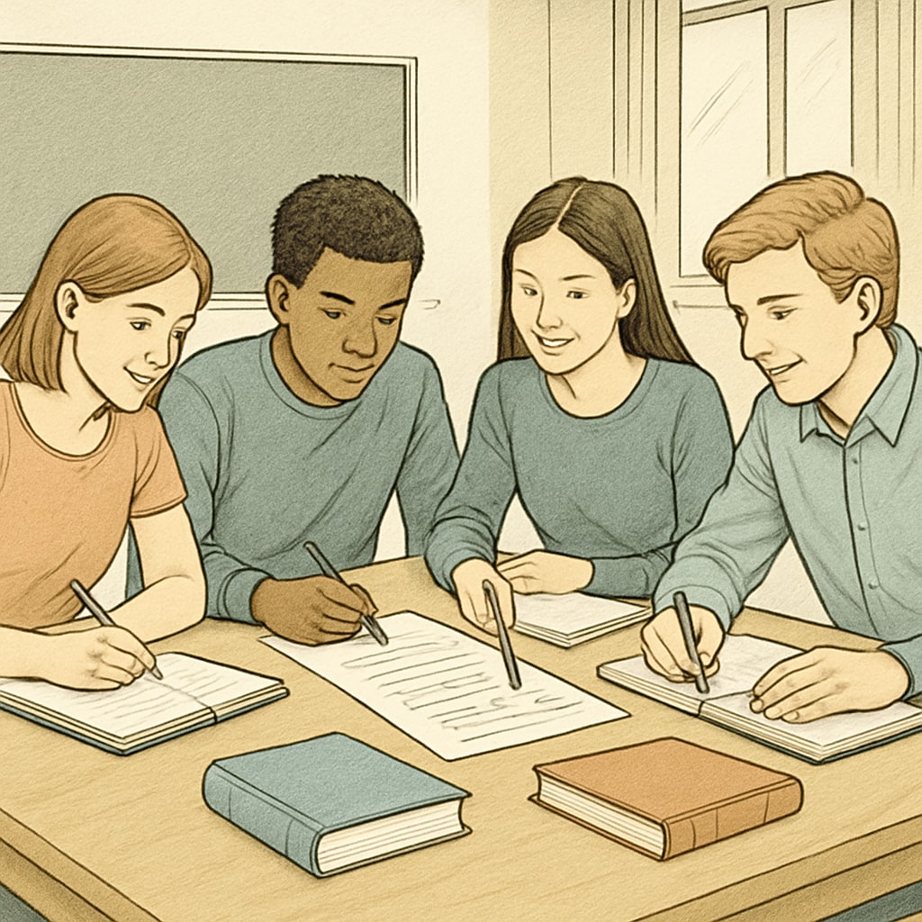 Group of students working together on test questions as part of a learning activity.