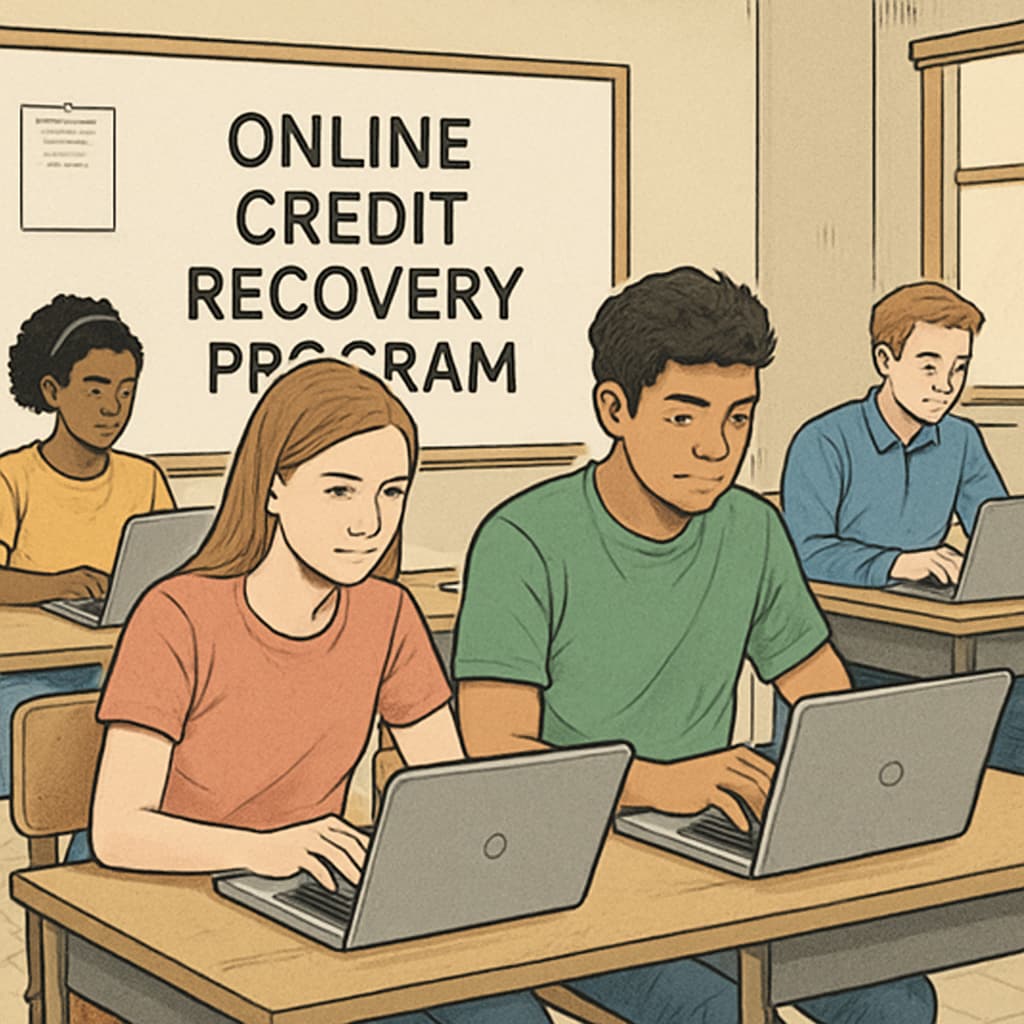 Students participating in an online credit recovery program to catch up on high school credits.
