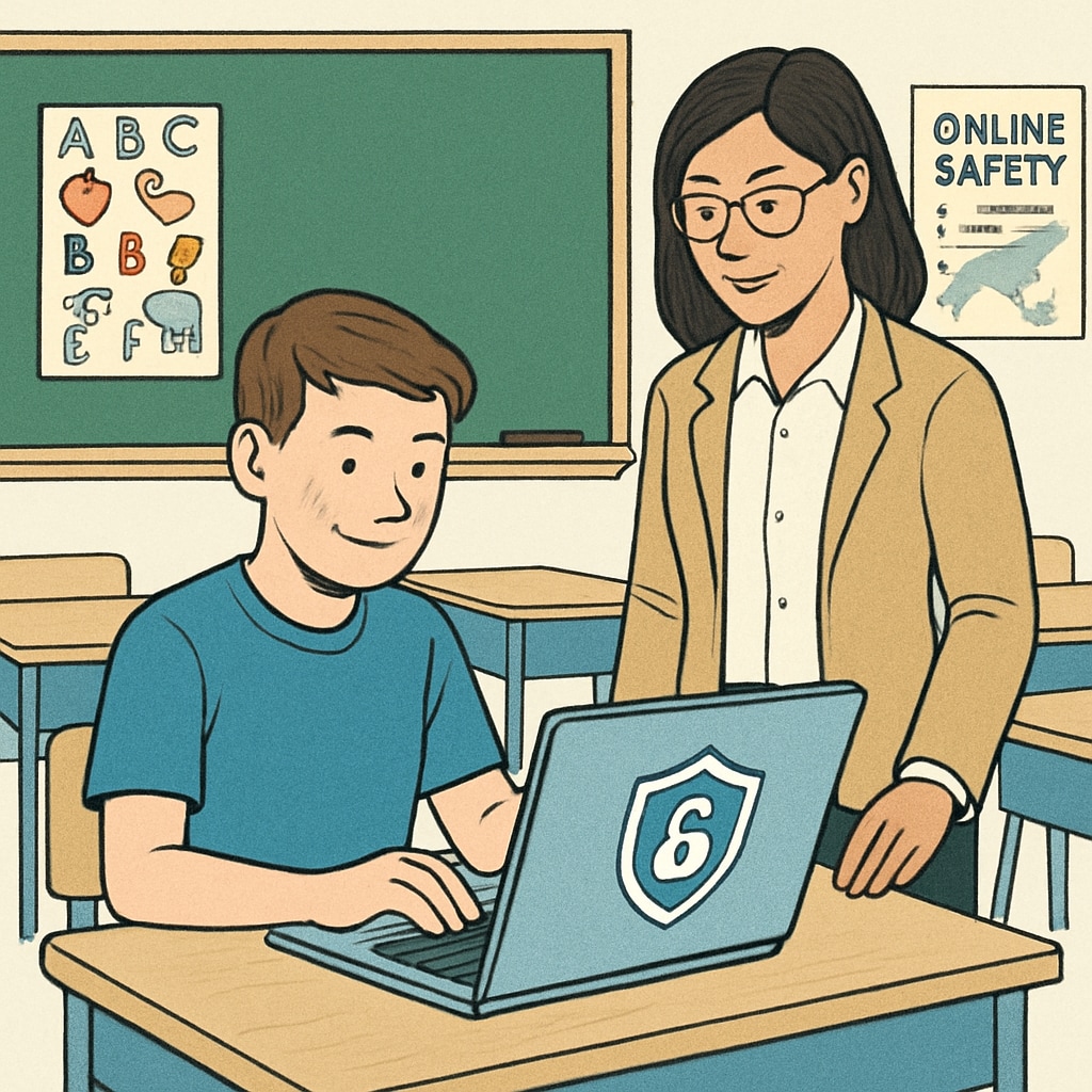 A teacher guiding a student on a laptop, representing online safety in K12 education.