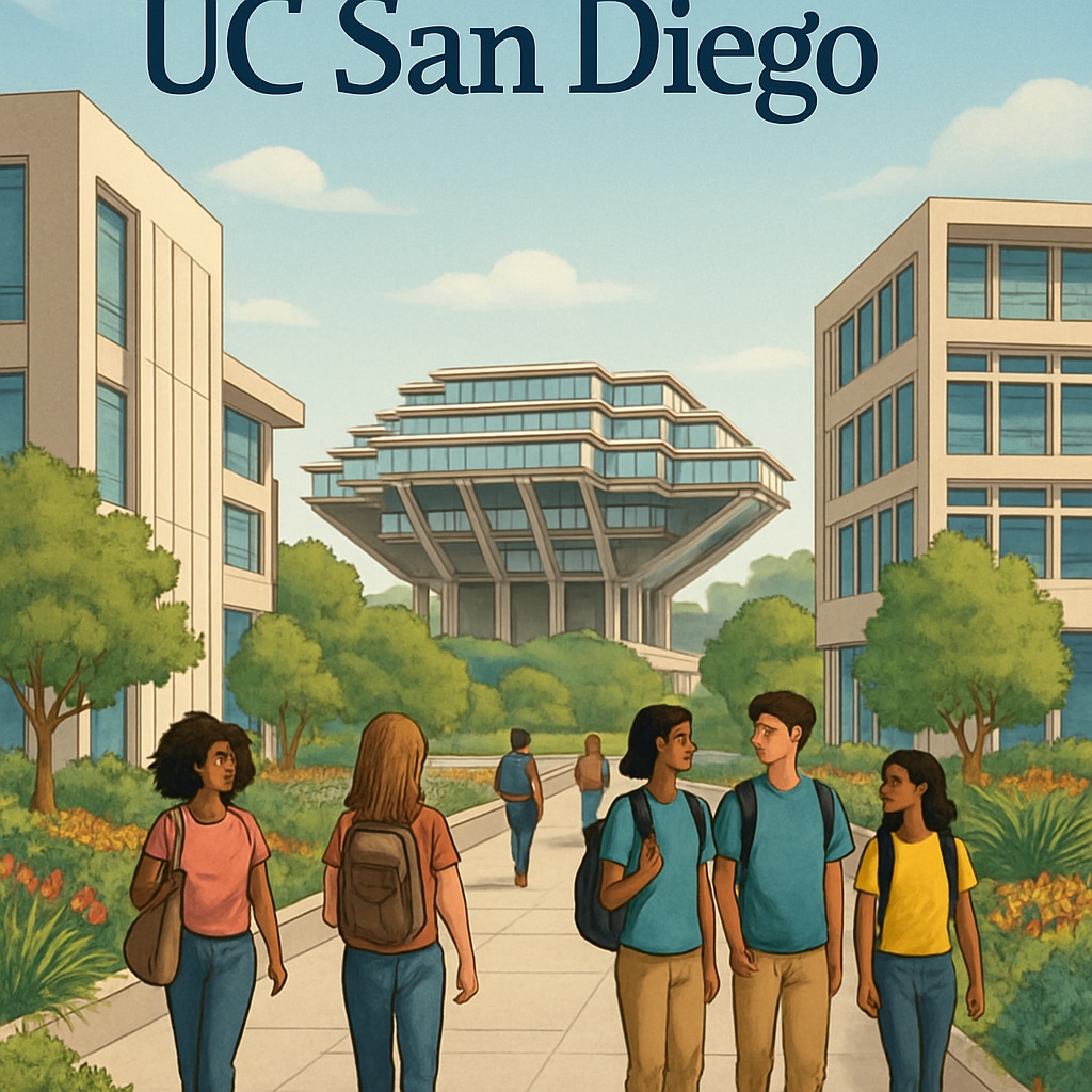 UC San Diego campus showing students and modern architecture.