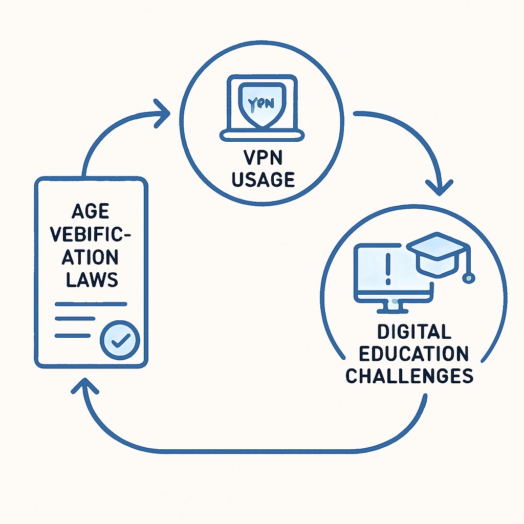 A diagram showing how age verification laws affect VPN usage and digital literacy in schools.