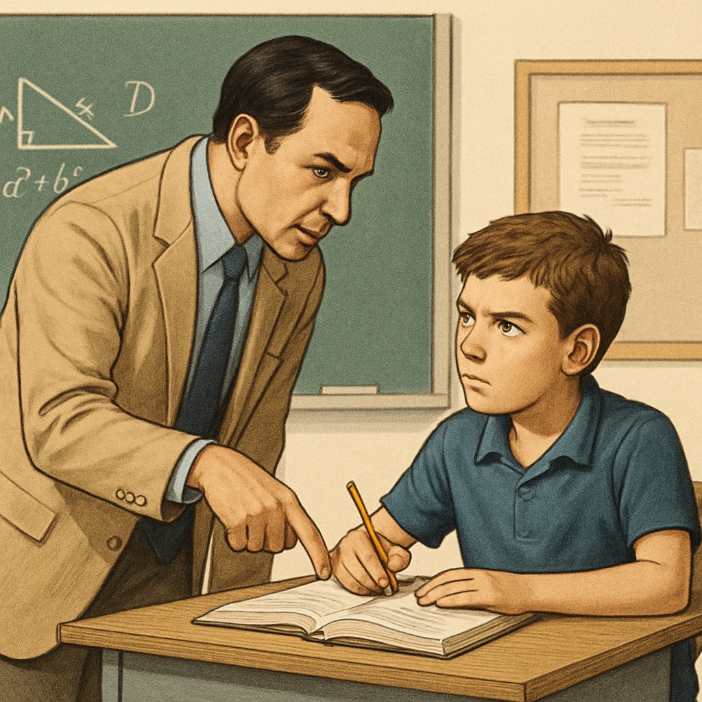 A teacher pushing a student to excel, representing the balance of strict teaching methods and emotional support.