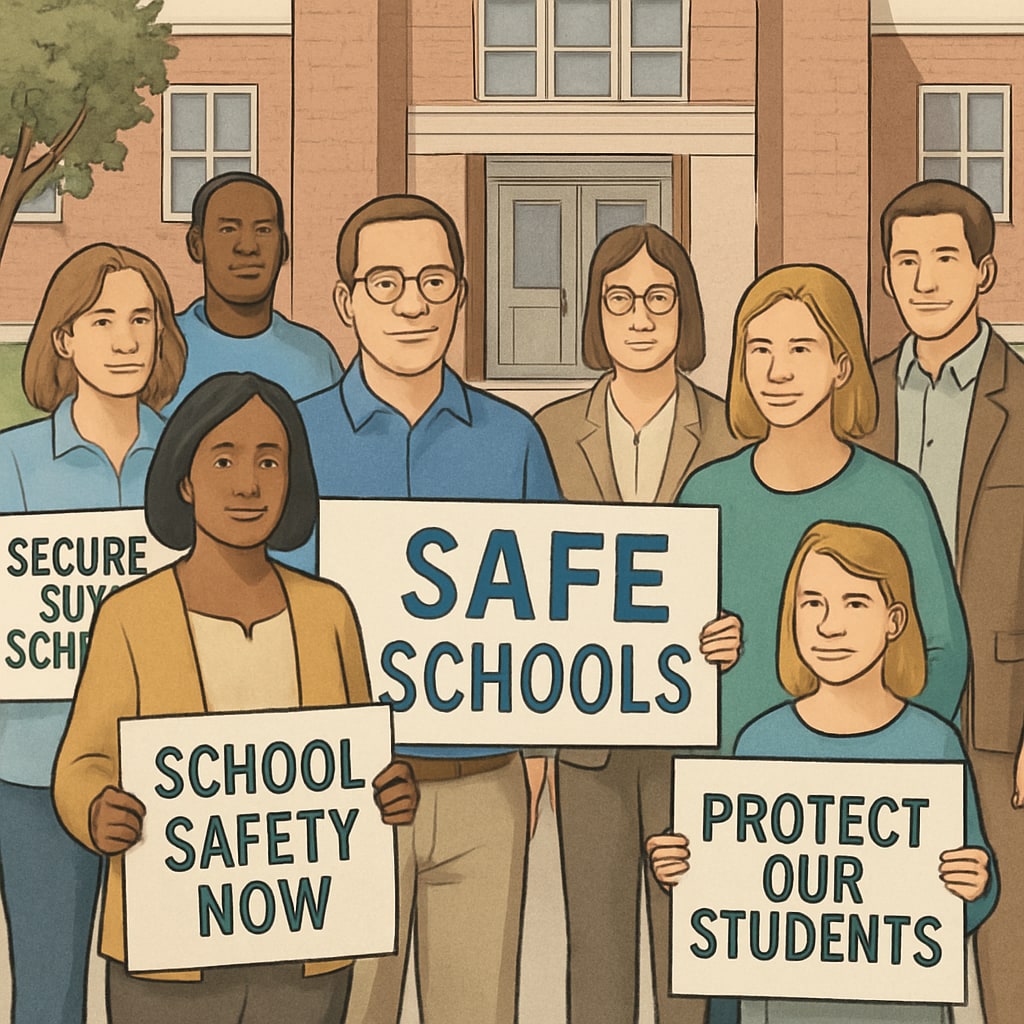 Parents and teachers protesting to remove a school board member with child abuse history