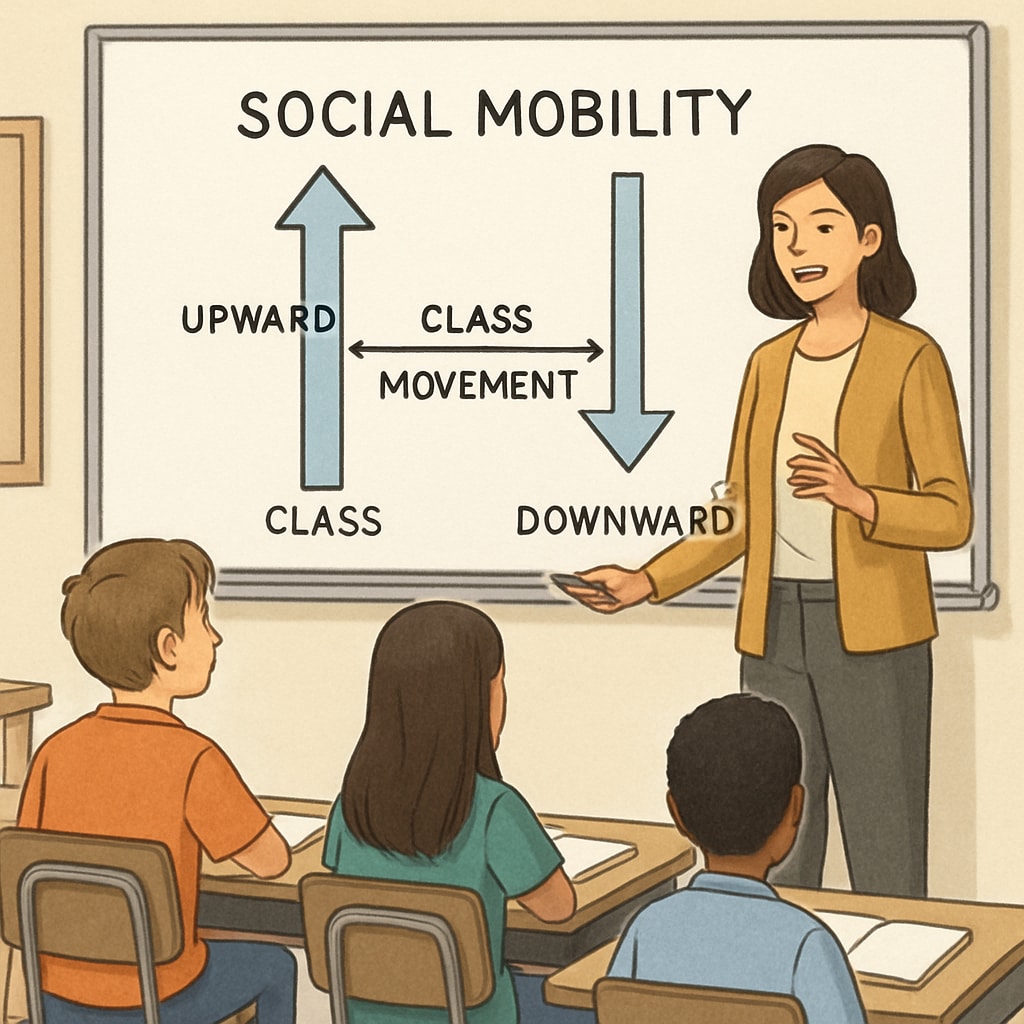 Social mobility explained in a classroom setting with teacher and diagram.
