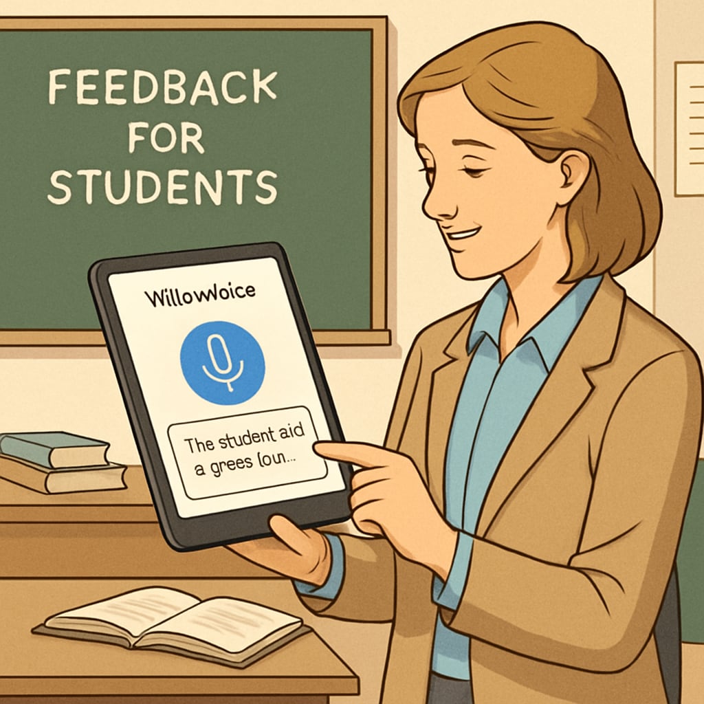 Teacher using WillowVoice speech-to-text tool for student feedback.