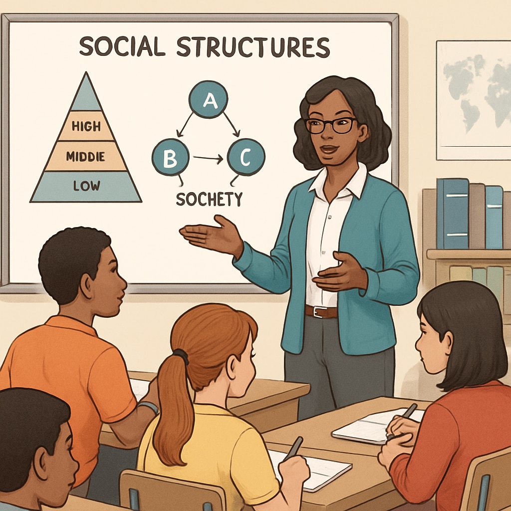 A teacher explaining societal structures to students with a focus on critical thinking.