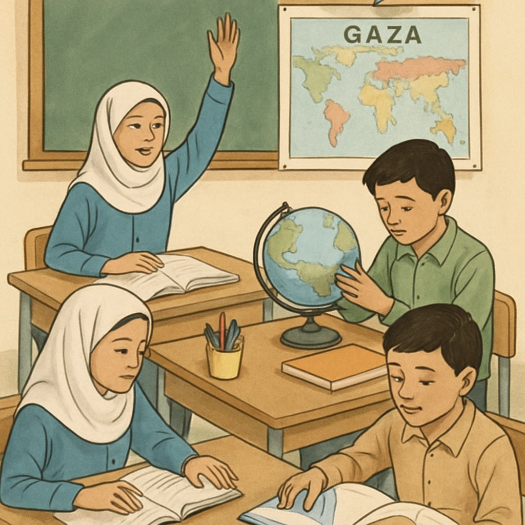 Students in Gaza learning in a classroom that promotes multiculturalism and diverse perspectives.