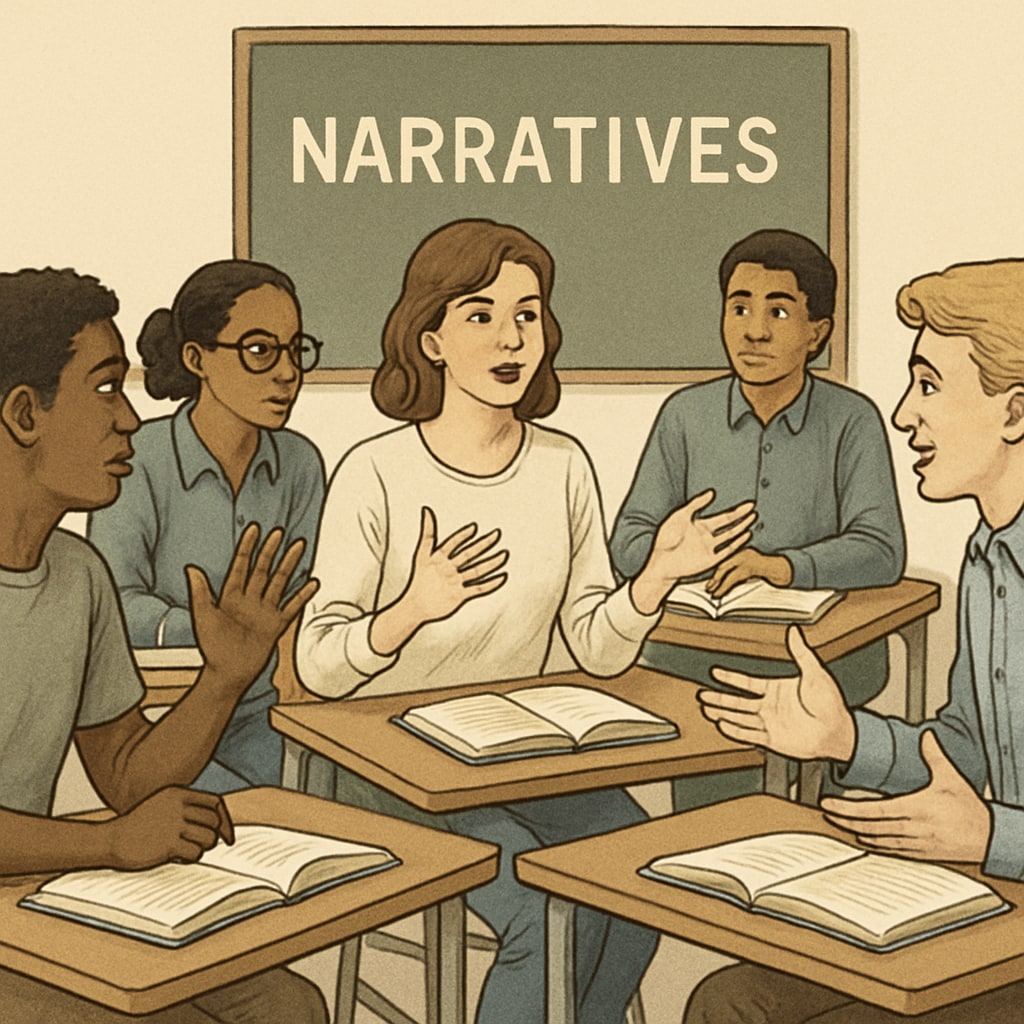 Students discussing societal structures and class narratives in an inclusive classroom.