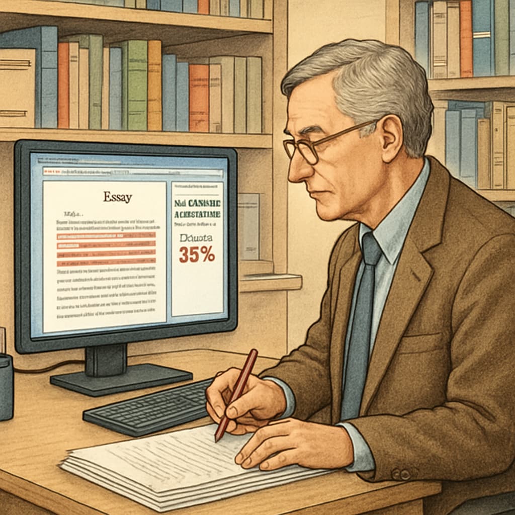 Professor analyzing plagiarism reports to ensure academic integrity.