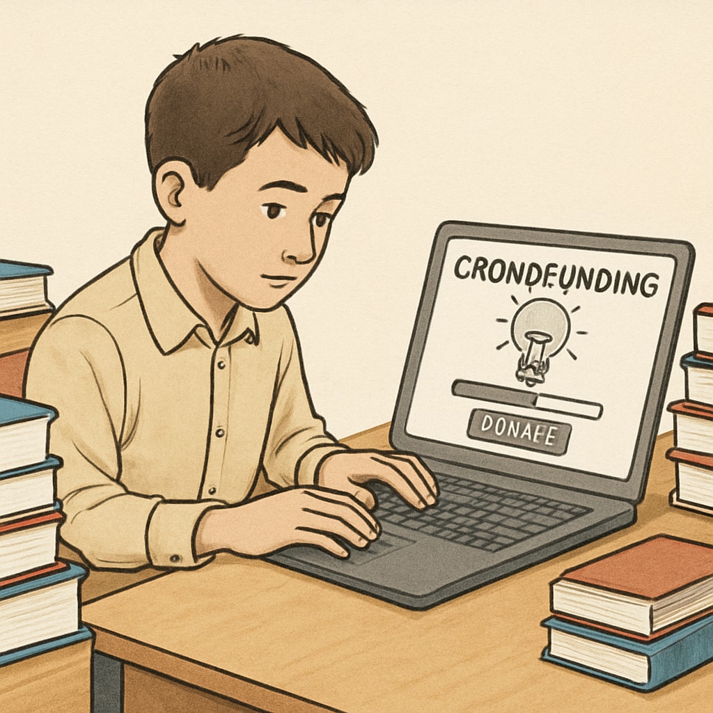 A student using a laptop to create a crowdfunding campaign for education expenses.