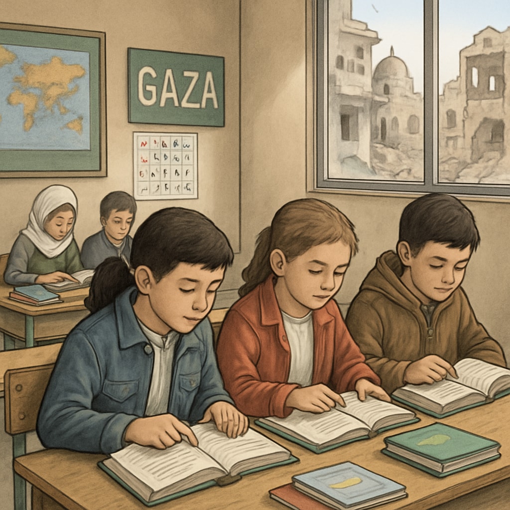 Gaza classroom with students learning and rebuilding hope through education.