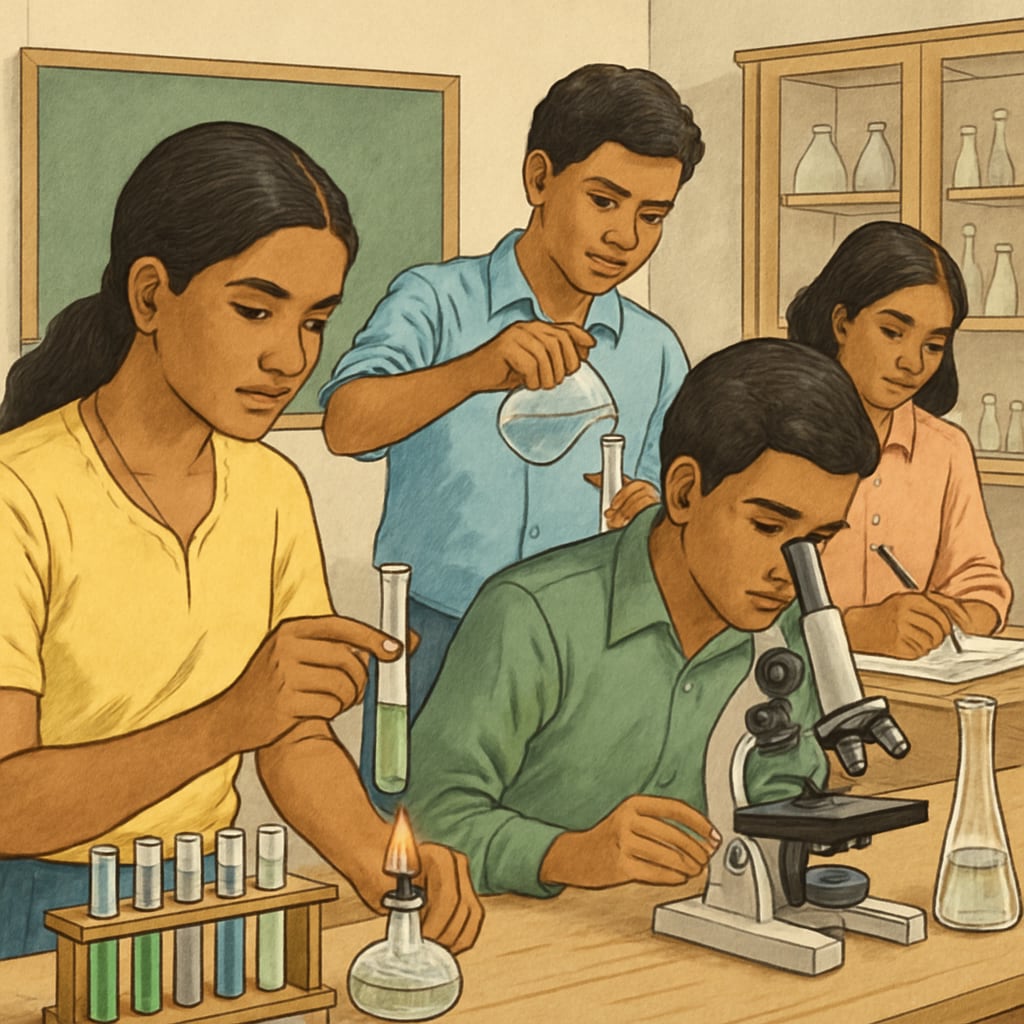 Gaza students performing science experiments, emphasizing practical education.