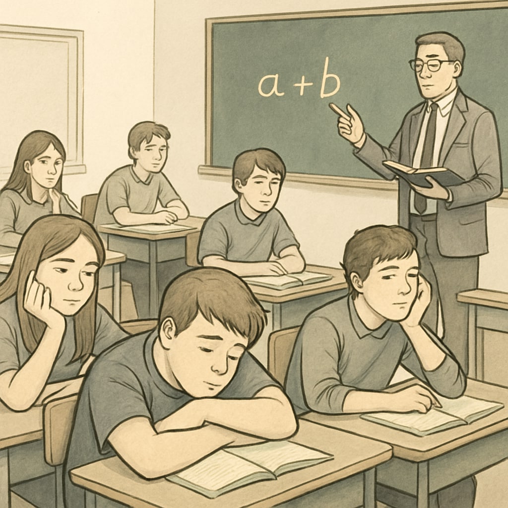 Students appearing bored in a lecture-based classroom, highlighting classroom boredom.