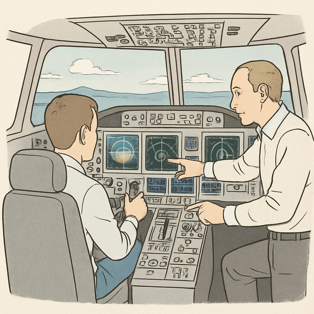 Student experiencing flight simulation as part of aviation education.