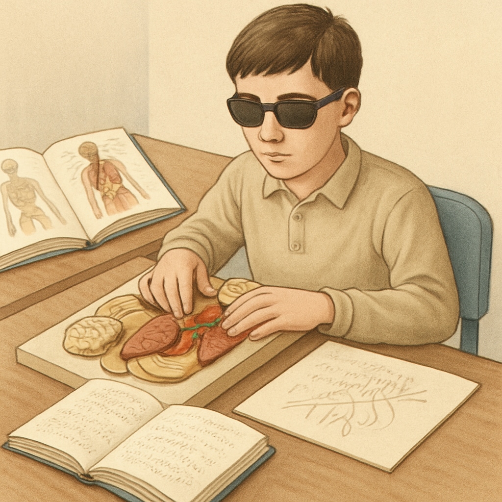 Special needs student using tactile learning aids for medical education.
