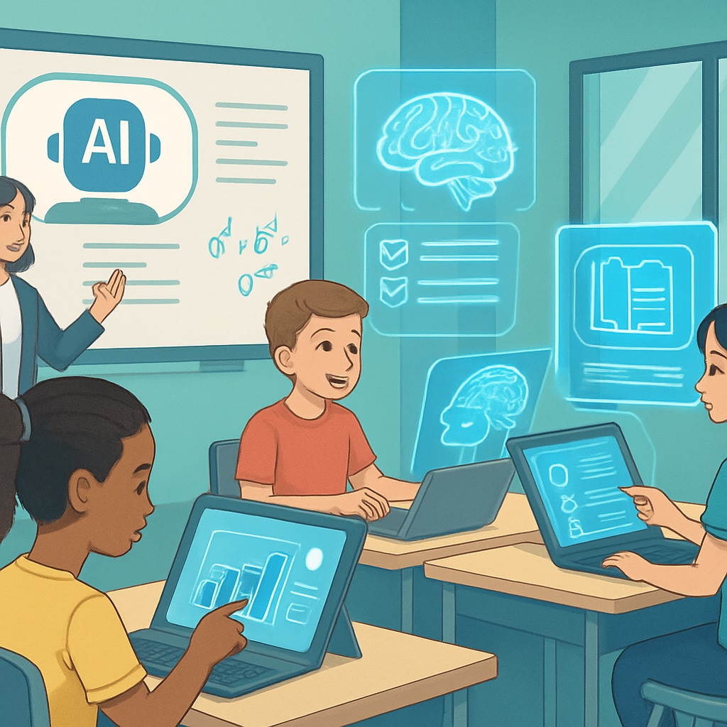Future classroom with AI tools for personalized education.