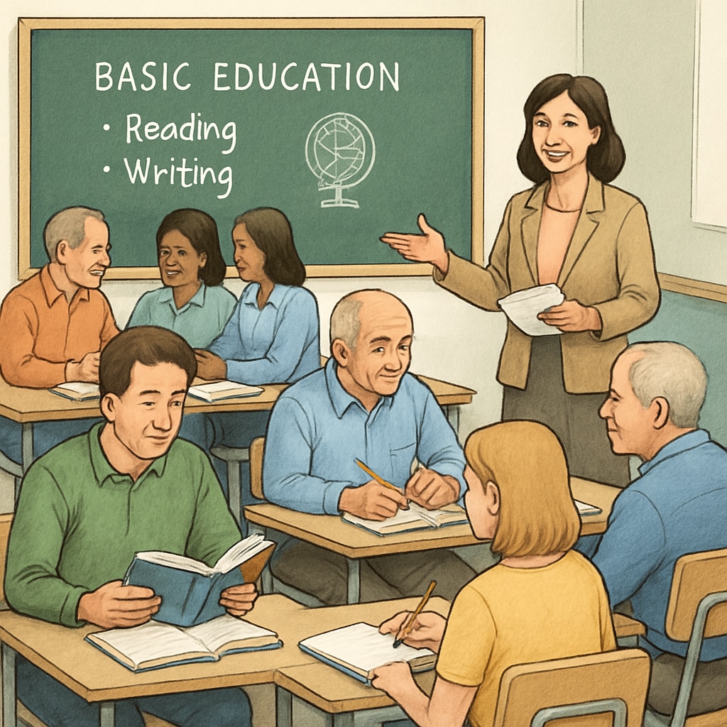 Adults participating in a basic education class to restart their learning journey.