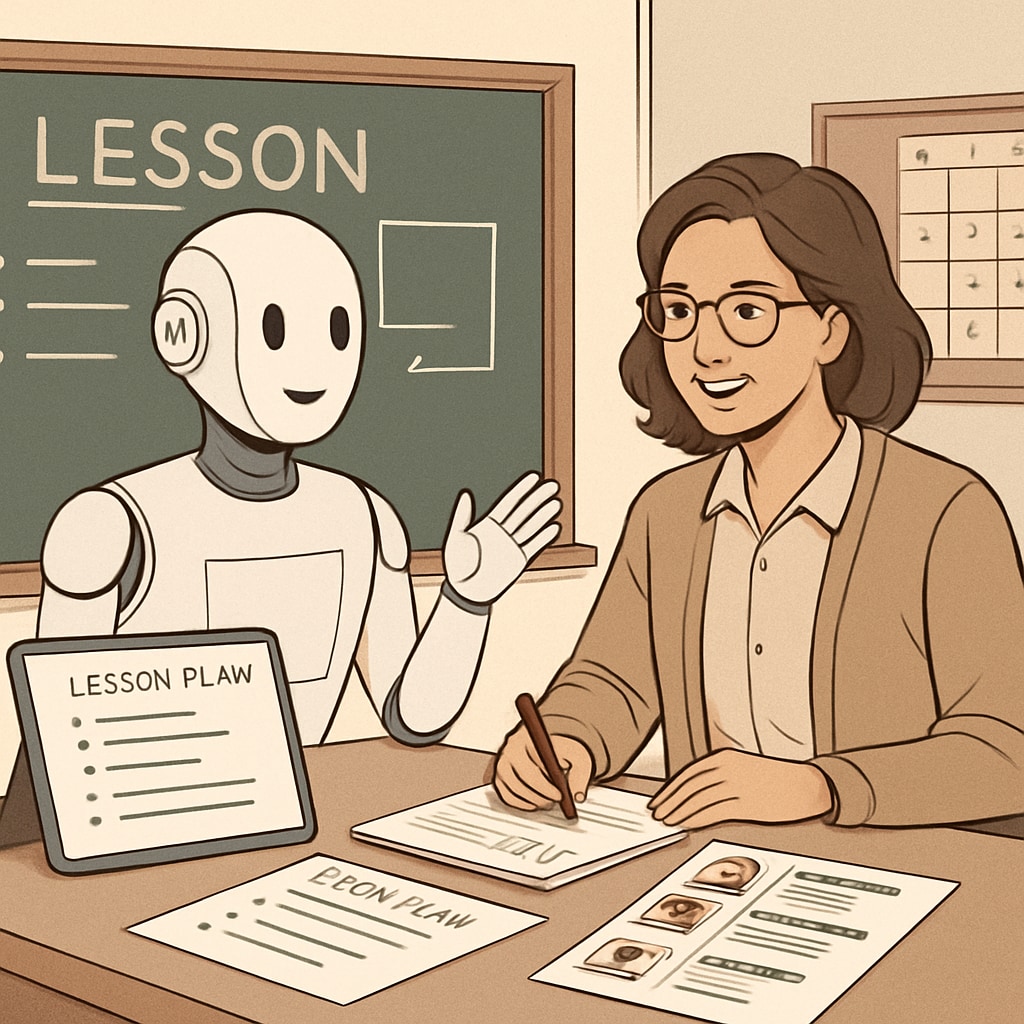 AI virtual assistant helping a teacher with lesson planning.