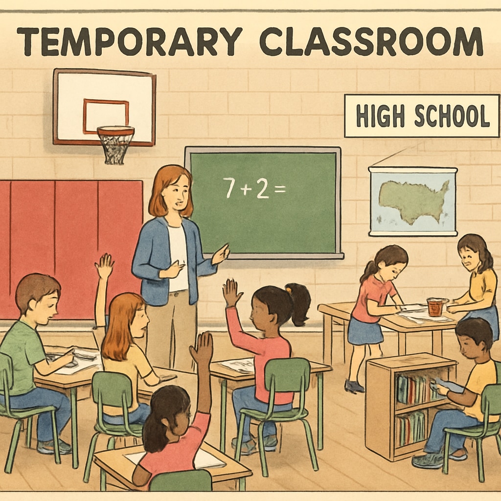 Temporary classroom for elementary students in a high school setting.