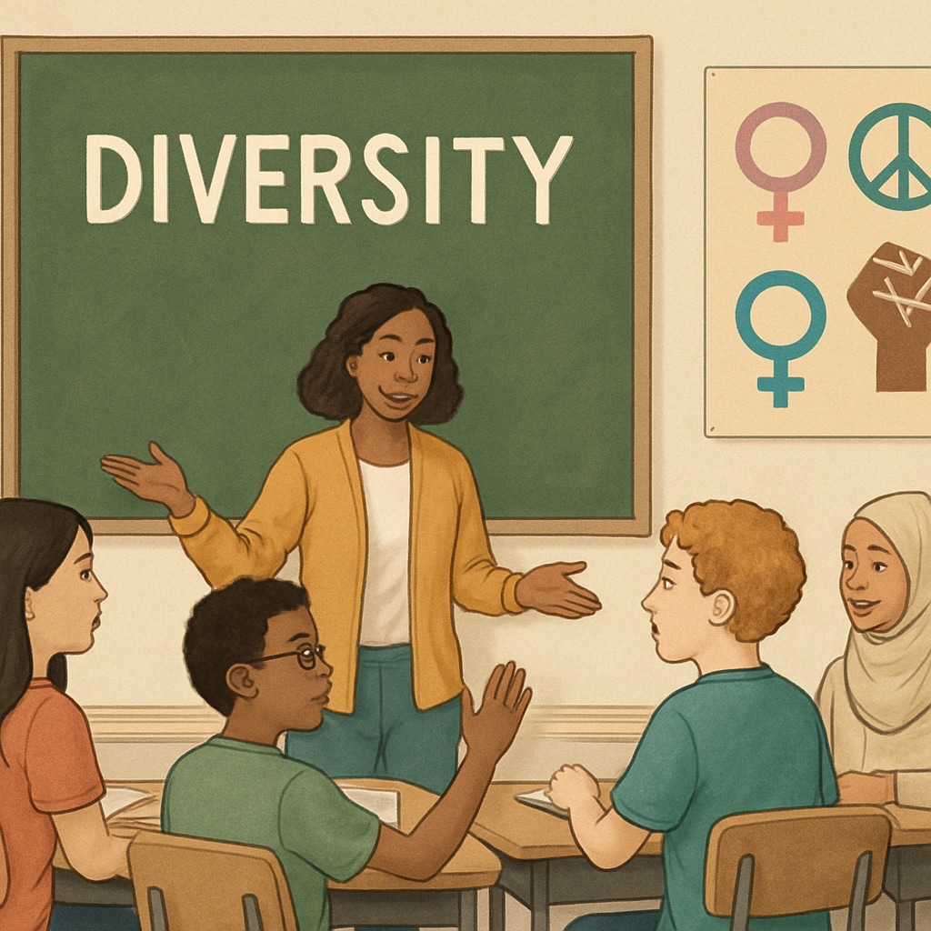 A teacher introducing diversity topics to students, representing balance in education.
