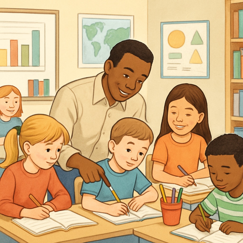 Parent involvement in supporting elementary school children in a temporary classroom.