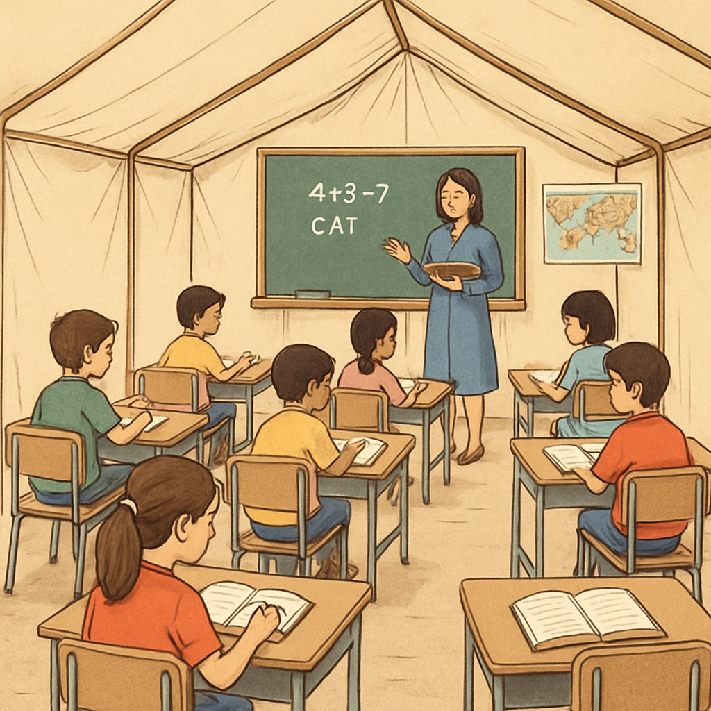 Temporary classroom environment during school renovation with students at desks.