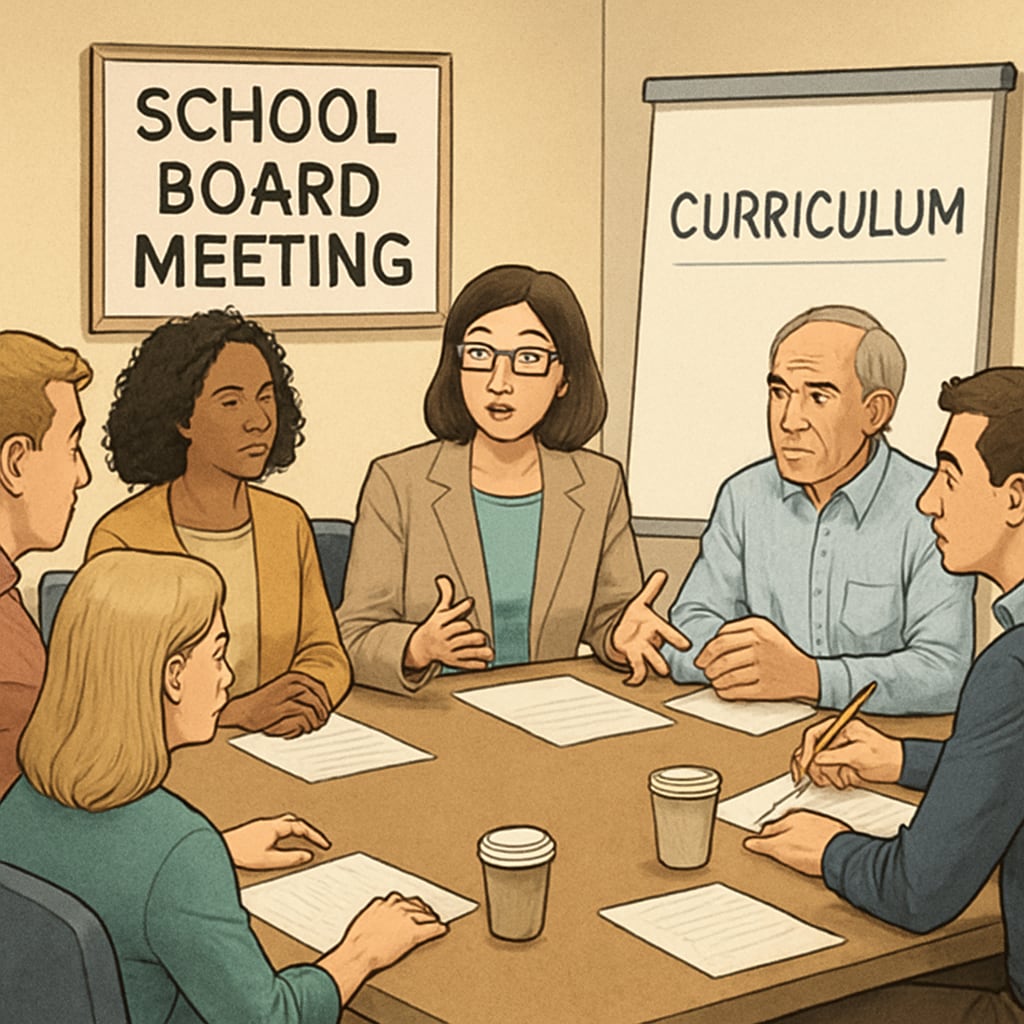 Parents and educators at a school board meeting discussing diversity in the curriculum.