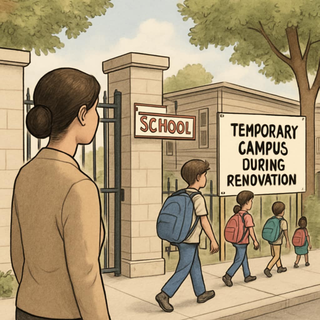 Parent watching children enter a temporary school environment during campus renovation.