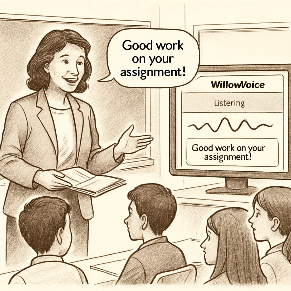 Teacher giving feedback using WillowVoice speech-to-text tool.
