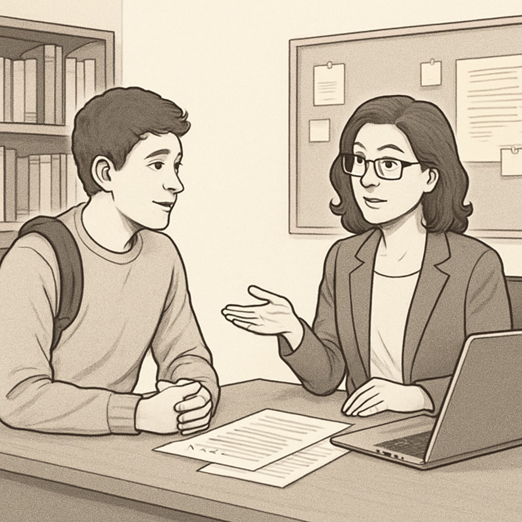 A student discussing GPA and career goals with a university advisor.